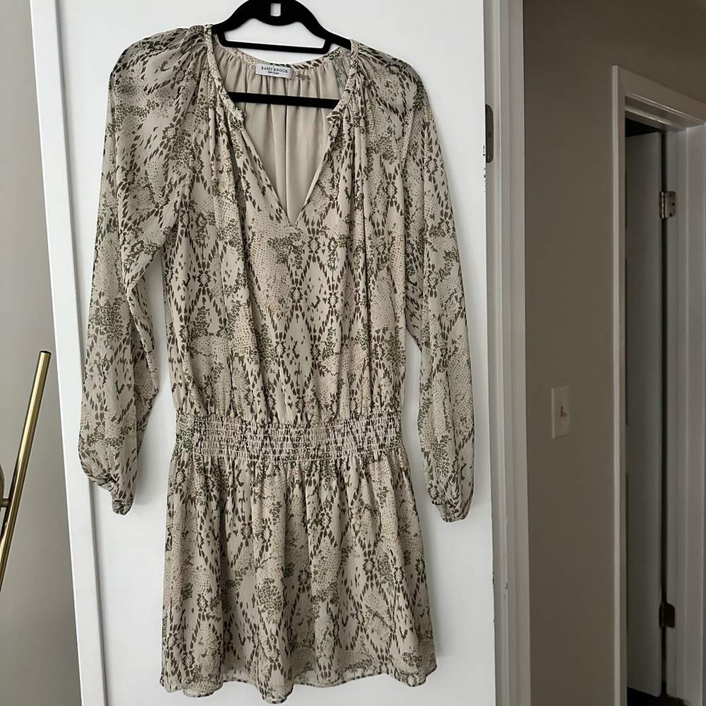 Ramy Brook Tan Cream V-Neck Bishop Sleeve Sundress